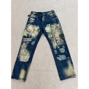 NWT Amiri Men's Patch Art Jeans Blue 32 Bleached Slim Straight Patchwork Map